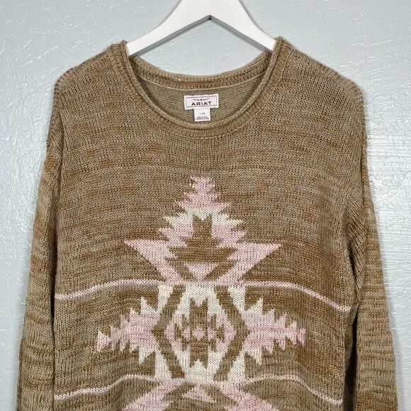 Ariat Women L Brown Pink Knit Date Night Sweater Southwest Pattern Long Sleeve - Picture 3 of 10